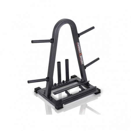 Rack poids et barre de musculation.
