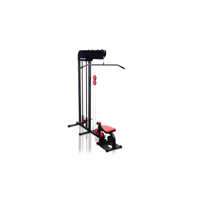 Poulie haute et basse avec supports de poids et siège pour assise confortable.